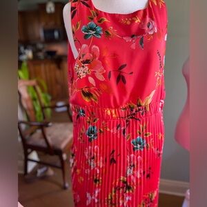 Liz Claiborne Coral Red Floral Midi Dress 24W Pleated Sleeveless Romantic